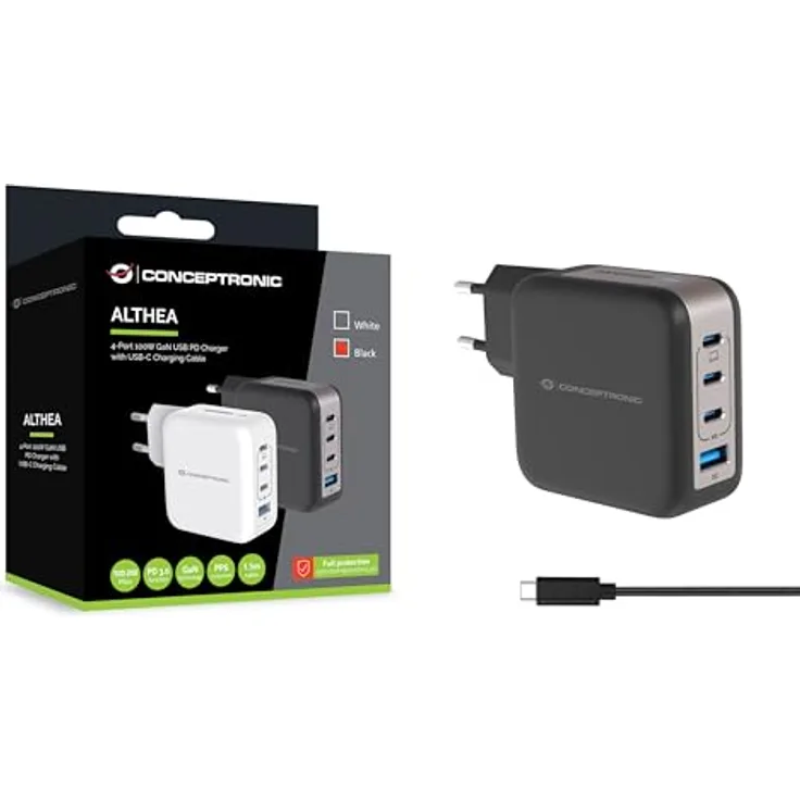 Conceptronic Ladegerät 4Port 100W mit 3xUSB-C und 3-in-1 USB-A PD, USB Ladegerät in Schwarz