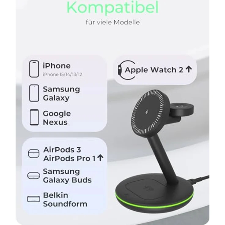 Icy Box 3-in-1 Induktive Ladestation, Magnetisch für Smartphone, Smartwatch und In-Ear-Kopfhörer (15 W), Wireless Charger, Schwarz – Bild 9