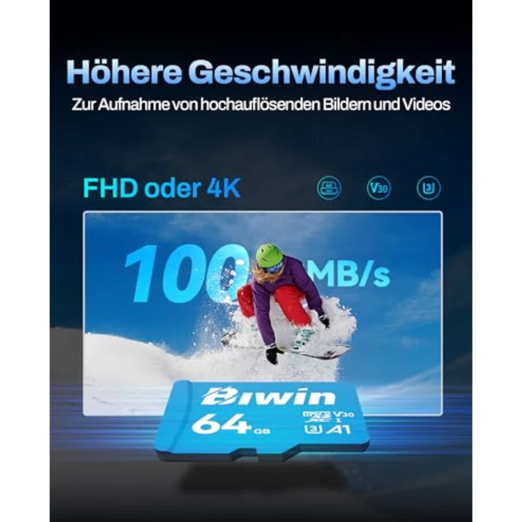 Biwin MS100 MicroSDXC UHS-I Speicherkarte 64GB, Lesegeschwindigkeit bis zu 100MB/s, A1 V30 U3, optimal für 4K UHD Videos und kompatibel mit Smartphones/Tablets/Digitalkameras – Bild 3