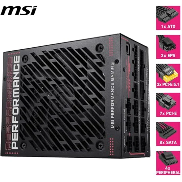 MSI MPG Ai1300TS PCIE5 PC-Netzteil, 1300 W, 80 Plus Titanium, ATX 3.1, kompatibel mit PCIe 5.1, zwei native 12V-2x6 Anschlüsse, geflochtene Kabel – Bild 4