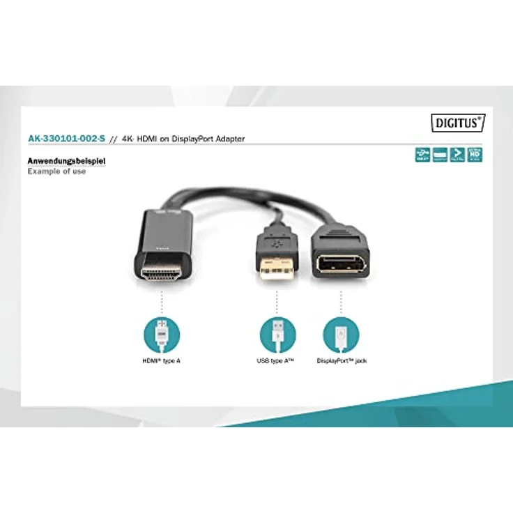 DIGITUS HDMI-Adapter, HDMI zu DisplayPort, UltraHD 4K/30Hz, 0,2 m, DP 1.2 mit USB-A Stromversorgung, Schwarz – Bild 2