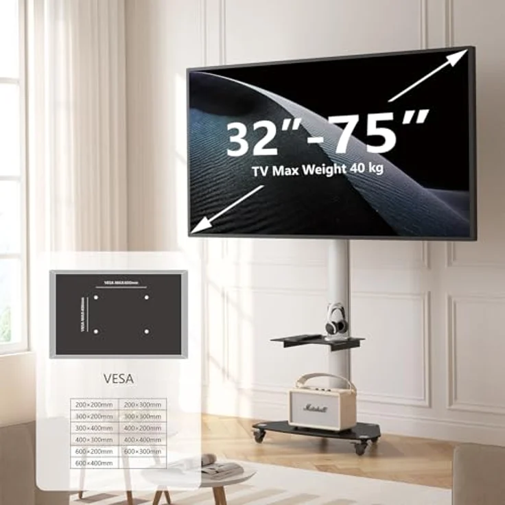 XTRARM Proton 300 mobiler TV Ständer mit Ablage, 37-70 Zoll / 40 kg, VESA-Größen, bis 209 cm Höhe, Schwarz/Silber – Bild 2