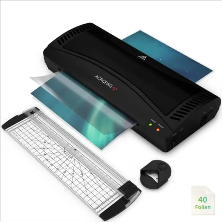 ACROPAQ Laminiergerät A4 - Laminierset mit 40 Folien, Eckenstanzer, Papierschneider - Foliengerät mit Folien, Folienschweißgerät, Versiegelungsmaschine, Laminator, Laminiergeraet - Schwarz - AL49