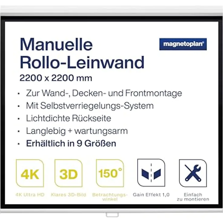 magnetoplan manuelle Rollo-Leinwand, 2200 x 2200 mm 1:1, Beamer-Leinwand für Präsentationen