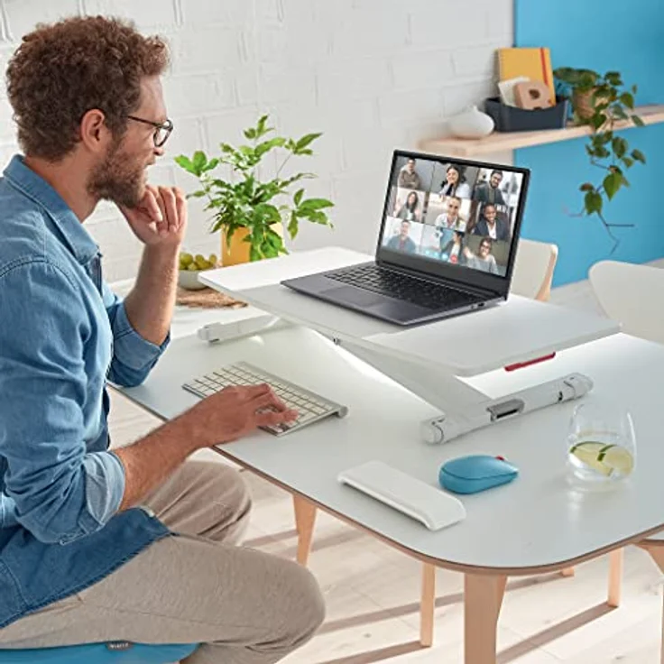 Leitz Schreibtisch-Aufsatz, Kompakter, Höhenverstellbarer Aufsatz für Laptops, TÜV- & IGR-zertifiziert, Schmal & Platzsparend, 700 x 350 mm, Ergo Cosy Serie, Weiß & Grau, 65330085 – Bild 2