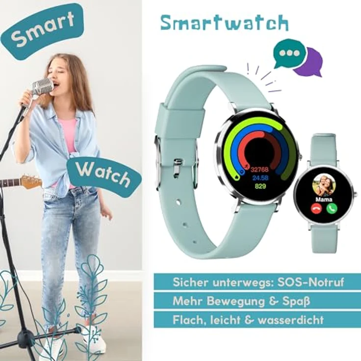 XCOAST LINO TIME Kinder Smartwatch Mintgrün, mit SOS-Taste, Telefonfunktion, wasserdicht, Schrittzähler & gratis Kidz Tag Finder – Bild 2