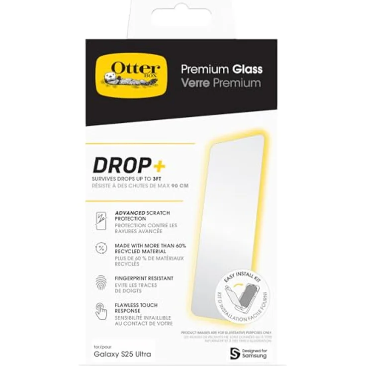OtterBox Premium Glass Displayschutz für Samsung Galaxy S25 Ultra, gehärtetes Glas, bruchsicher bis 0,9m, kristallklar