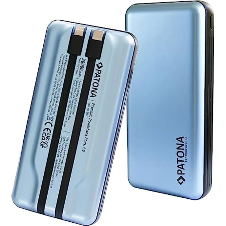 PATONA Premium POWERBANK STARK 1.0 PD65W 20000mAH, USB-C Lightning CONNEKTOR MIT 2 INTEGRIERTEN LADEKABEL