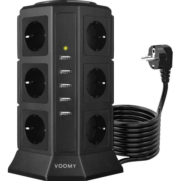 Voomy Power S12 Mehrfachsteckdose mit 5 USB und Schalter, Überspannungsschutz, 2m Kabellänge