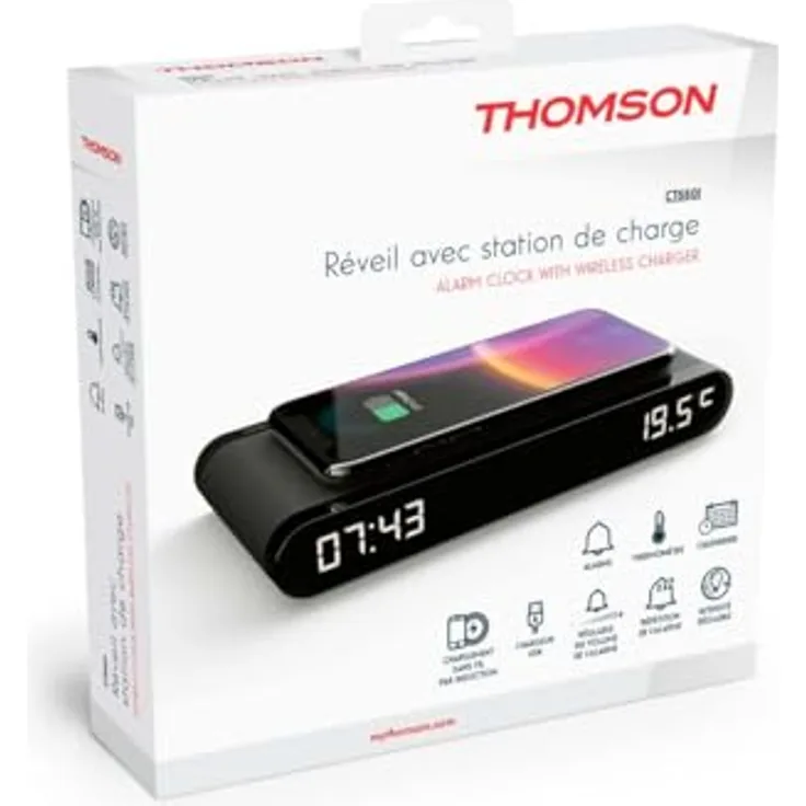 Thomson Wecker mit kabelloser Ladestation + Temperaturanzeige + USB-Ladegerät CT550I, Schwarz