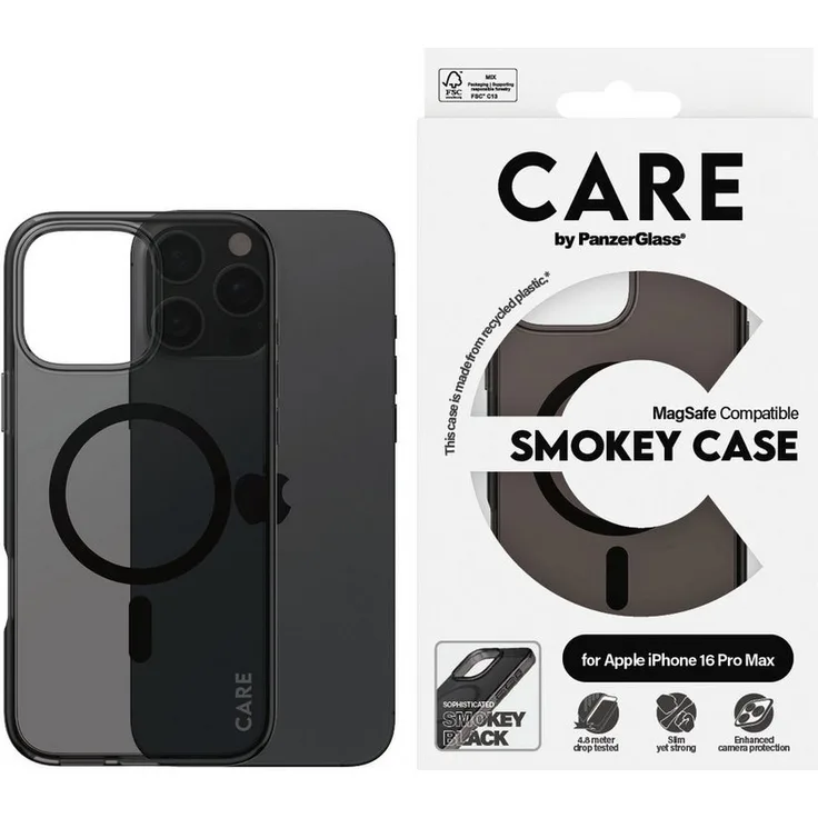 CARE by PanzerGlass Smokey Case für Apple iPhone 16 Pro Max, stoßfeste Handyhülle mit verbessertem Kameraschutz, kabelloses Laden und MagSafe-kompatibel, hergestellt aus recyceltem Plastik