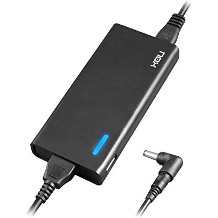 NOX -NXPWR90NB- 90-W-Laptop-Ladegerät, 10 verschiedene Anschlüsse, Mindestwirkungsgrad 85 %, kompatibel mit den meisten Marken, automatische Spannungsregelung, schwarze Farbe