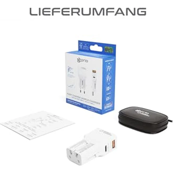 Prio Fast Charge World Reiseladegerät 25W PD PPS (USB C) + QC 3.0 (USB A), weiß, kompatibel in über 220 Ländern, mit Reisetasche – Bild 8