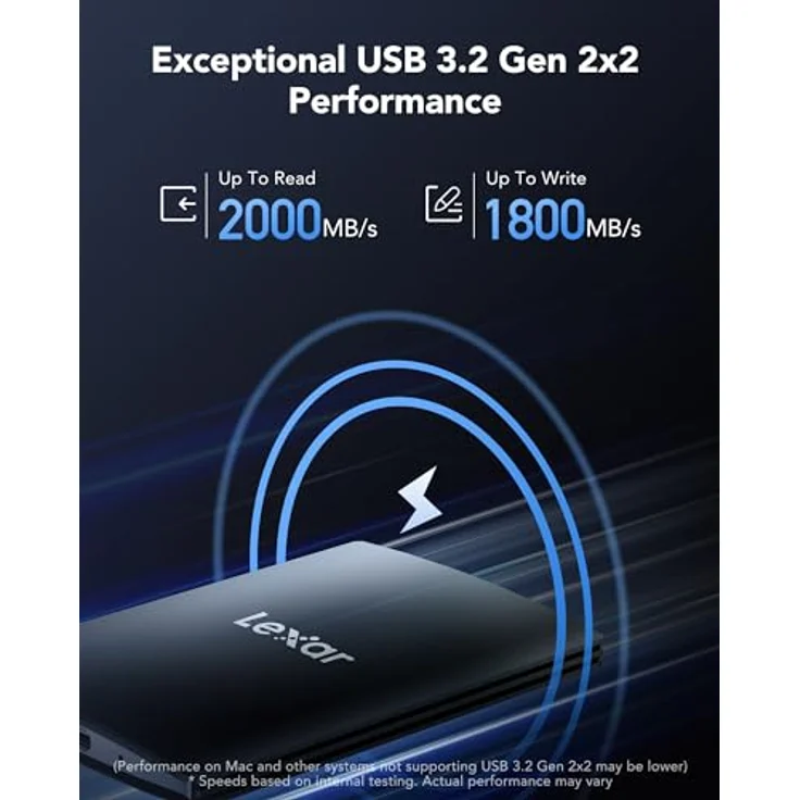 Lexar SL500 Externe SSD 1TB, USB3.2 Gen2x2 Tragbare SSD, PSSD bis zu 2000 MB/s Lesen, 1800 MB/s Schreiben, Externe Solid-State-Laufwerk für iPhone15-Serie/Mac/PS5/XBOX/Laptop/PC (LSL500X001T-RNBNG) – Bild 2