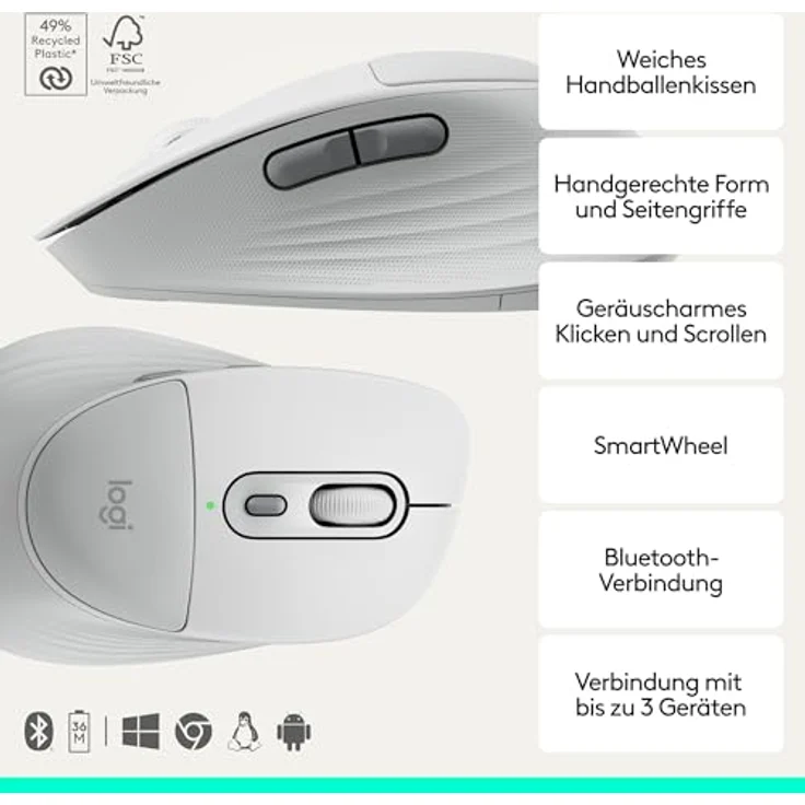 LOGITECH Signature Comfort Plus MK880, kabelloses Maus- und Tastaturset mit ergonomischer Handballenauflage, Off White – Bild 3