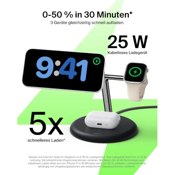 Belkin UltraCharge 3-in-1 Wireless Charging Stand, Qi2, 25 Watt, Schwarz – Bild 2