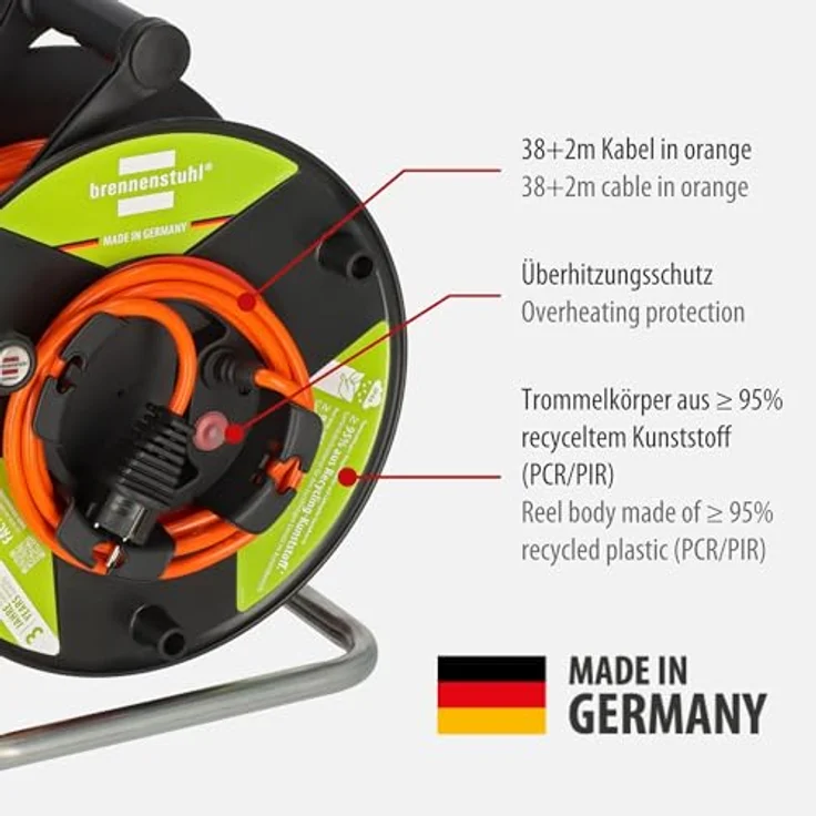 Brennenstuhl Garant G Bretec IP44 Gartenkabeltrommel mit recycelten Kunststoff-Komponenten, 40m Kabel in orange, Made in Germany – Bild 2