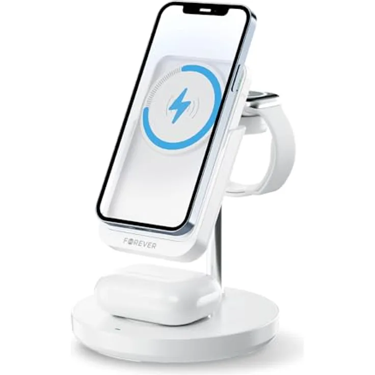 FOREVER MACS-100 Induktives Ladegerät mit Powerbank 5000 mAh für iPhone Samsung Telefon Kopfhörer Stylus Tablet Smartwach 5in1, MagSafe-kompatibel, tragbar, schnelles Laden, inkl. Apple Watch Ladegerät