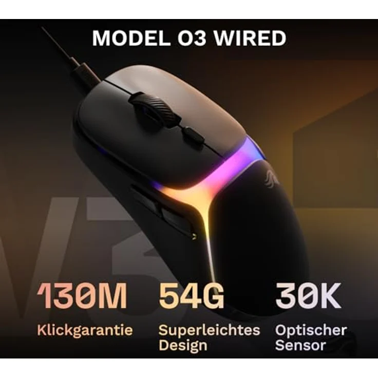 GLORIOUS Model O3 Wired-Gaming-Maus, ultraleicht (54 g), 30K-DPI-BAMF-3.0-Sensor, optische Switches (130 Mio.), RGB-Beleuchtung, für alle Griffarten – Schwarz – Bild 2