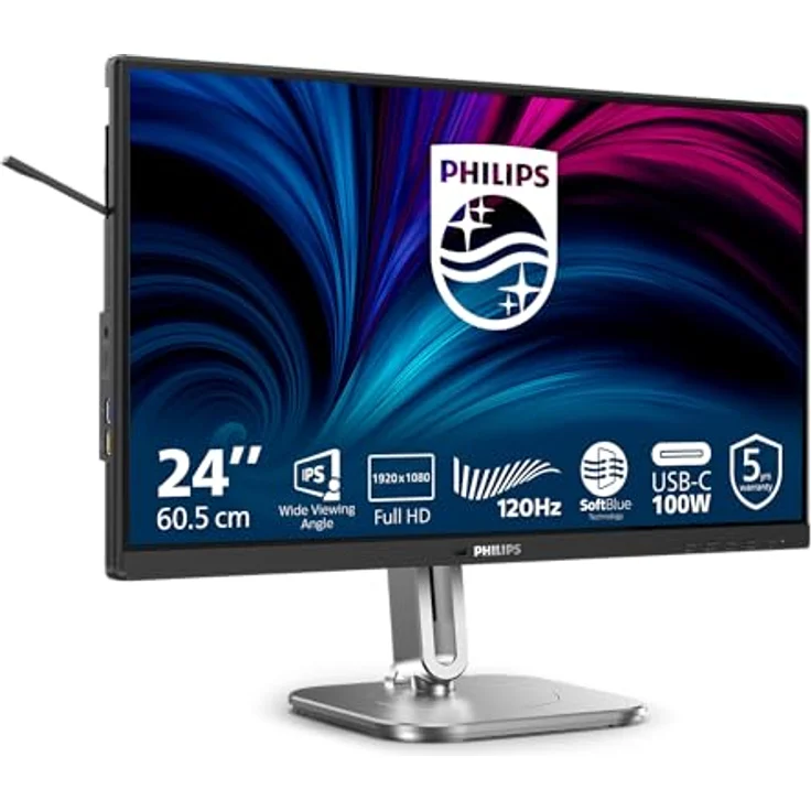 Philips 24B2U4301, 24 Zoll Full HD Monitor mit Lautsprechern, höhenverstellbar (1920x1080, 120 Hz, HDMI 1.4, DisplayPort 1.4, USB-C 100 W Power Delivery), schwarz grau – Bild 1