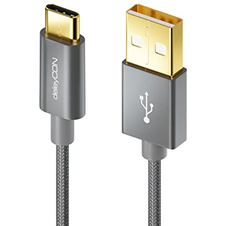 deleyCON 15cm USB-C Kabel, Ladekabel mit Schnellladefunktion, Nylon ummantelt und Metallstecker, Grau, kompatibel mit Apple, Samsung, Google, Huawei, Xiaomi, Laptop, PC – Bild 3