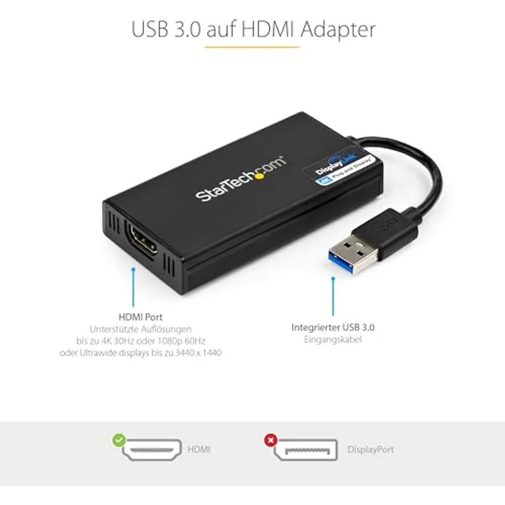 StarTech.com USB3.0 to 4K HDMI External Multi Monitor Video Graphics Adapter - Externer Videoadapter - DisplayLink DL-5500 - SuperSpeed USB3.0 - HDMI - Schwarz (USB32HD4K) – Bild 2