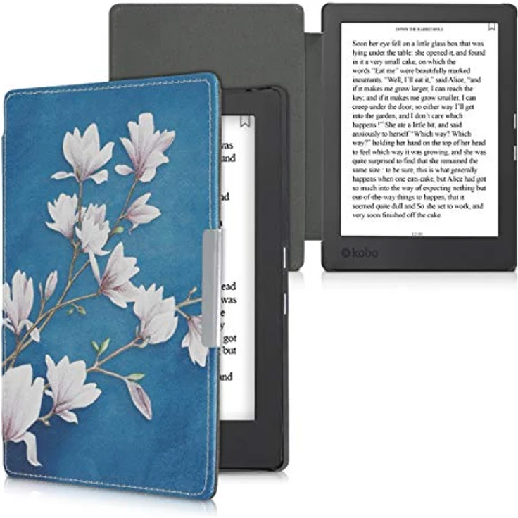 kwmobile Klapphülle kompatibel mit Kobo Aura H2O Edition 1, eReader Case mit Magnetverschluss, Kunstleder in Magnolien Taupe Weiß Blaugrau – Bild 5