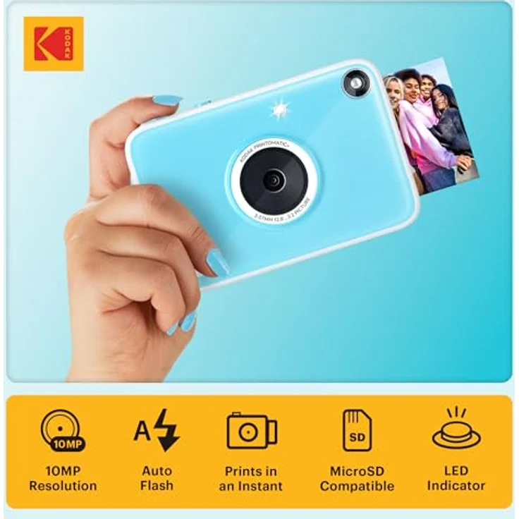 Kodak Printomatic+ Sofortbild Digitalkamera 10MP mit RGB LED, druckt wischfeste 2x3" Fotos auf ZINK-Papier – Blau – Bild 2