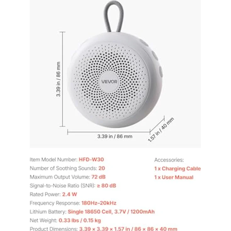 VEVOR HFD-W30, Einschlafhilfe White Noise Machine mit 20 Musiktiteln, 4-in-1 Soundmaschine, automatischem Abschalttimer, sanftem Ringlicht, Speicherfunktion & Kindersicherung – Bild 7