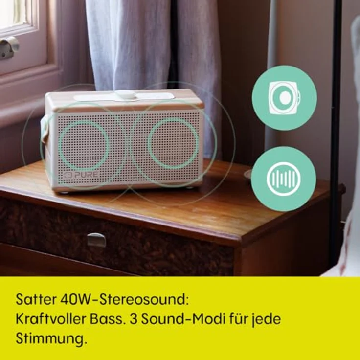 Pure Classic Aura, Bluetooth-Lautsprecher 40W mit 30h Akku, Lichtmodi, USB-C, AUX, IPX2, EQ-Modi – Baumwollweiß mit Eiche, Holzoptik, 2-Wege-Stereo – Bild 2