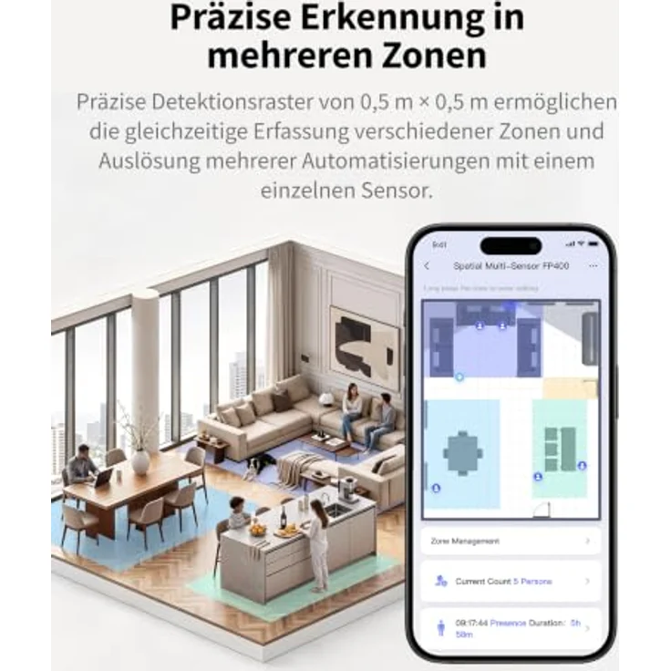 Aqara Presence Sensor FP400, Mehrzonen-Raumautomatisierung mit Thread & Zigbee, KI-gestützte Empfindlichkeit, 120° Abdeckung – Bild 5
