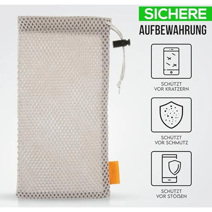 wortek Universal Handytasche 18,5x9 cm, Nylon Mesh Beutel für Smartphones bis 6,5 Zoll, grau, mit Kordelzug, flexibel und schützendes Design – Bild 2