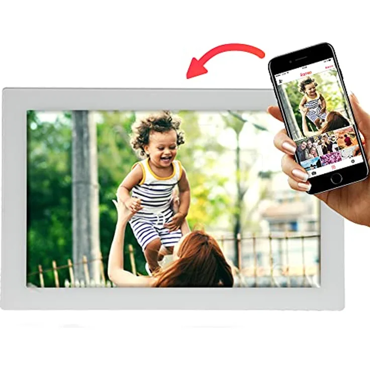 Denver PFF1037 Digitaler Bilderrahmen mit Glasdisplay und WiFi, 10.1 Zoll, Elektronischer Bilderrahmen 16GB mit FRAMEO App, IPS Touchscreen, Auto-Rotate, Micro SD Slot, Weiß