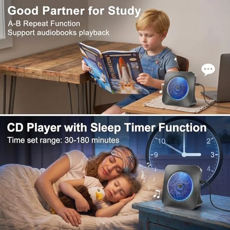 Gueray Multifunktionaler CD-Player mit Bluetooth 5.0 und Lautsprecher, FM-Radio, USB-Player, Schwarz – Bild 4