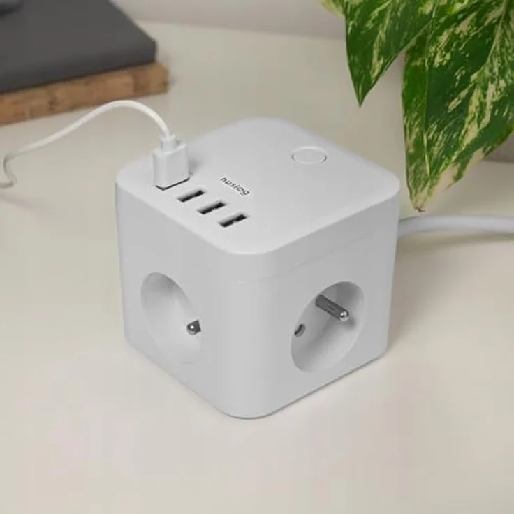 Huslog Mehrfachsteckdose Würfel 7-in-1 mit 3 Steckdosen & 4 USB-Anschlüssen, 1,5m Kabel, Mikroschalter mit LED, rutschfest, Weiß – Bild 5