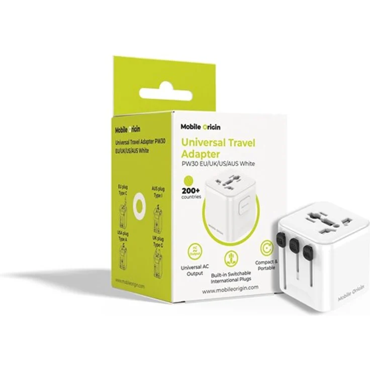 Mobile Origin PW30 Universal Travel Adapter, für EU/UK/US/AUS, 2500W, kompakt, weiß