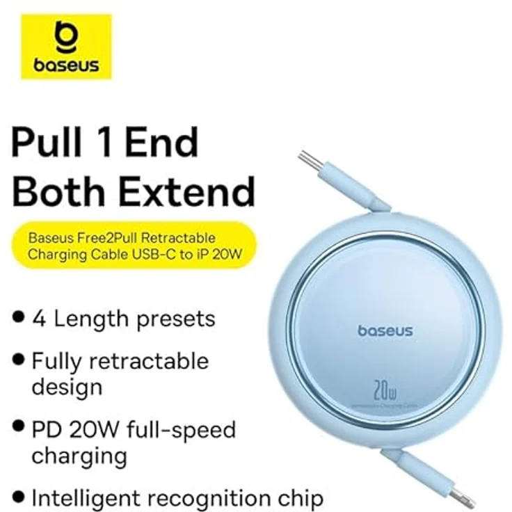 Baseus Free2Pull Aufrollbares USB-C/Lightning Kabel, 20W, 1m, Blau - Einziehbares Design, Hochgeschwindigkeits-Datenübertragung, Robuste Konstruktion – Bild 2