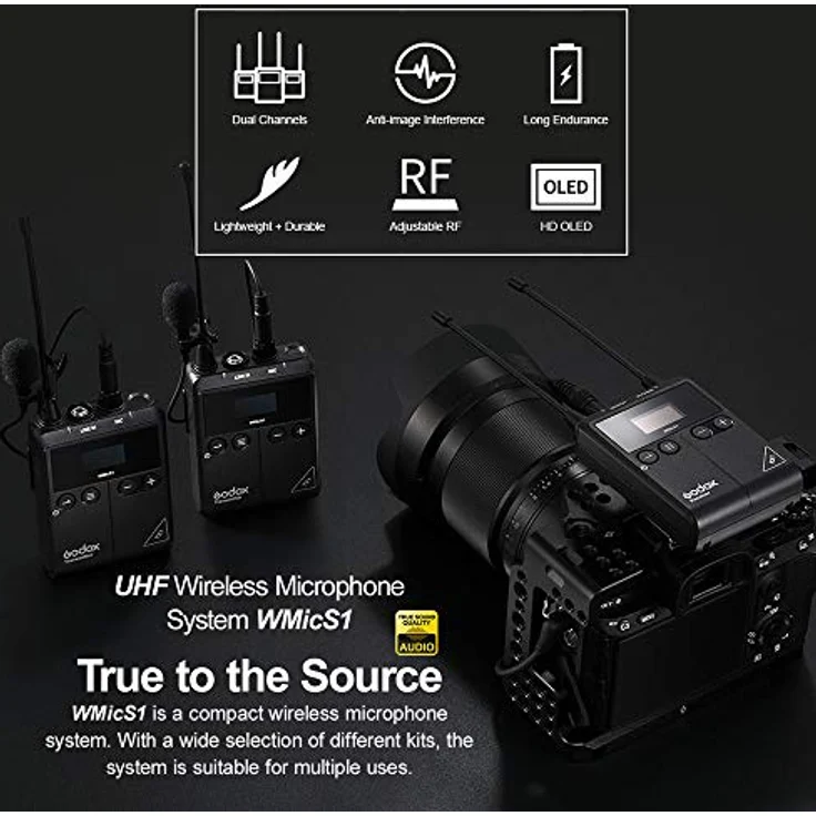 GODOX WMicS1 kit1 Drahtloses Omni Lavalier-Mikrofonsystem für die Kamerahalterung, UHF 96-Kanäle, Echtzeit-Audiomonitor, Arbeitsbereich bis zu 100 m, HD-OLED-Display, spiegellose/DSLR-Kameras – Bild 2