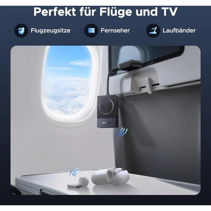 UGREEN Bluetooth Adapter Flugzeug, 5.4 Transmitter mit 3,5-mm Klinke, 19 Stunden Akkulaufzeit, ideal für AirPods und Kopfhörer – Bild 2