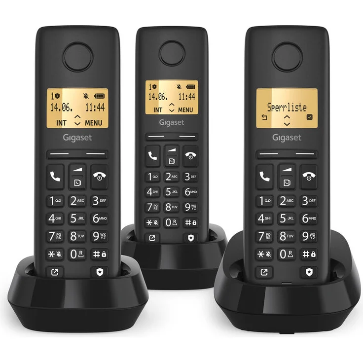 Gigaset Pure 100 Trio DECT Clip Eco, Schnurlostelefon mit 2 Mobilteilen, Schwarz, Call-Block-Funktion und beleuchtetem Display