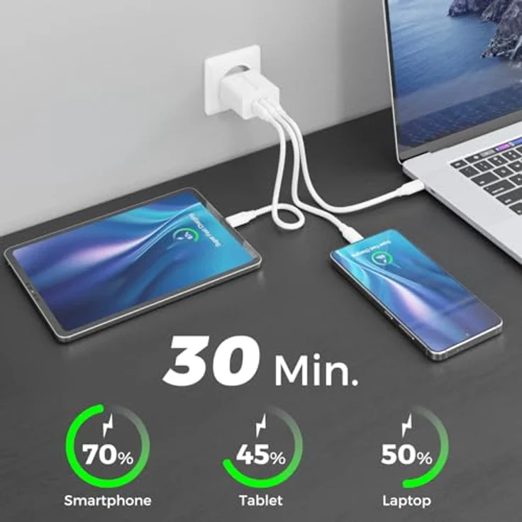 deleyCON 2m USB-C Kabel PD3.0 100W Schnellladekabel, weiß, kompatibel mit Smartphones, Tablets und Laptops – Bild 2