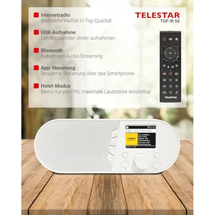 Telestar TELESTAR TOP IR 50, Internetradio mit Bluetooth 5.3, USB-Aufnahmefunktion, 7 W Lautsprecher, Farbdisplay, Hotelmodus – Weiß – Bild 4