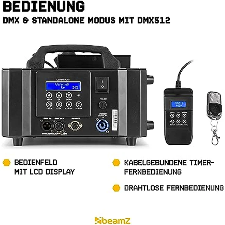BeamZ BLAZE1200, Nebelmaschine mit 1200 Watt Leistung, 24x 4 Watt 4-in-1 RGBA-LEDs, vertikal und horizontal verwendbar, LCD-Display und Fernbedienung mit Timerfunktion – Bild 6