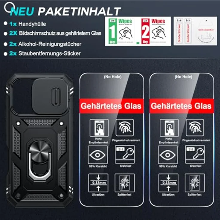 LeYi iPhone 16 Pro Max Hülle mit Kameraabdeckung, Militärschutz, 360° drehbarem Ständer und 2 Schutzgläsern - Schwarz – Bild 5