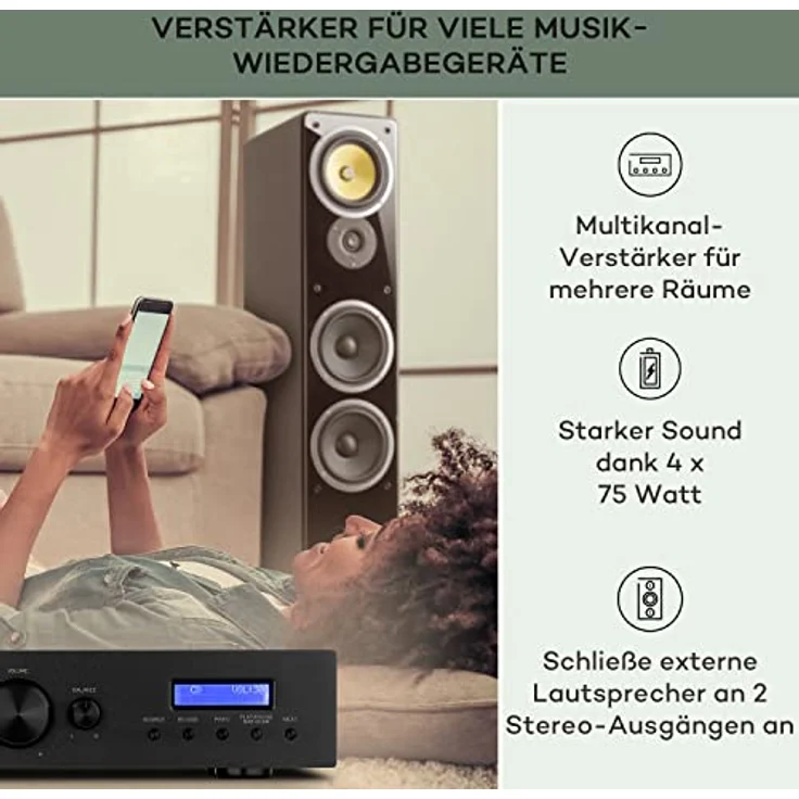 Auna AMP-CD608 DAB Audioverstärker, 4-Kanal Digital Bluetooth HiFi Stereo Verstärker mit 400 W und DAB+ Radio – Bild 3