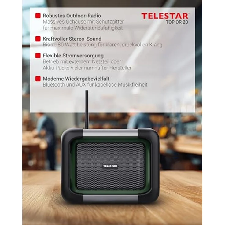 Telestar TELESTAR TOP OR 20 Baustellenradio, DAB+, Bluetooth, 80 W Stereo, Akku-/Netzbetrieb, grün/schwarz – Bild 4