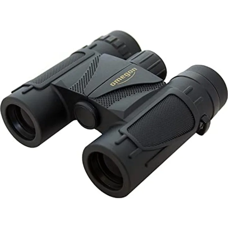 Omegon Dachkant Fernglas Blackstar 10x25, 10x Vergrößerung, 25mm Objektivlinse, BaK4-Glas, Spritzwasserschutz, für Kinder und Erwachsene