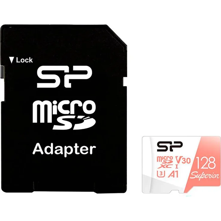 Silicon Power Superior microSDXC 128GB, UHS-I U3 V30 A1, wasserdicht, schockresistent, Pfirsich/Weiß