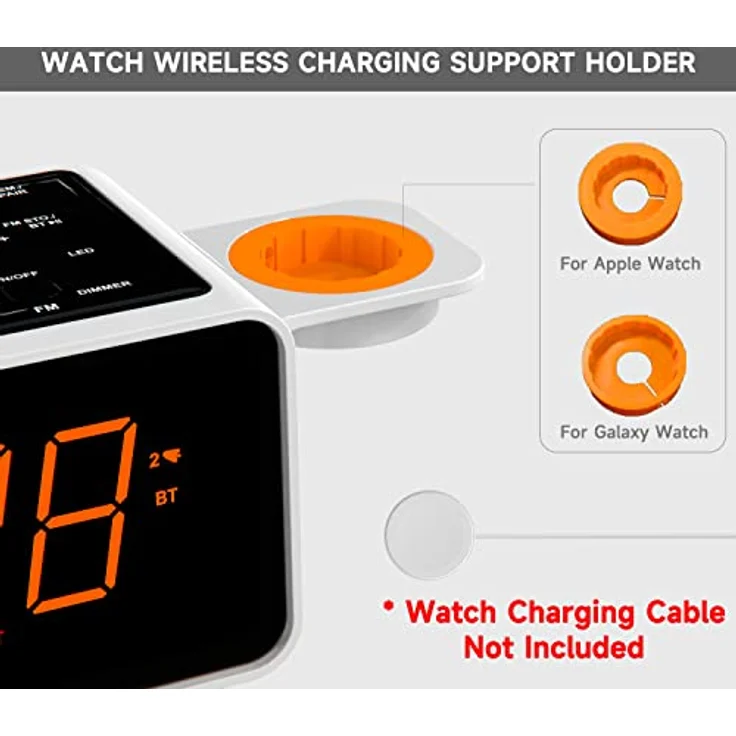 Dual Wireless Charging Radiowecker mit Bluetooth Lautsprecher, FM Radio, Zwei USB Port, Dual Alarm, Snooze, Nachtlicht, Auto manuelle Dimmer Steuerung und 1.4" Orange Display iTOMA CKS209 – Bild 2