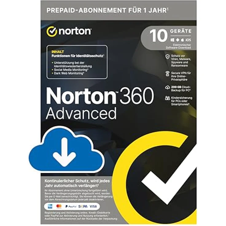 Norton 360 Advanced | 10 Geräte | Antivirus | Identitätsschutzfunktionen und Support | Secure VPN |1-Jahres-Abonnement mit Verlängerung | PC/Mac/Android/iOS – Bild 1